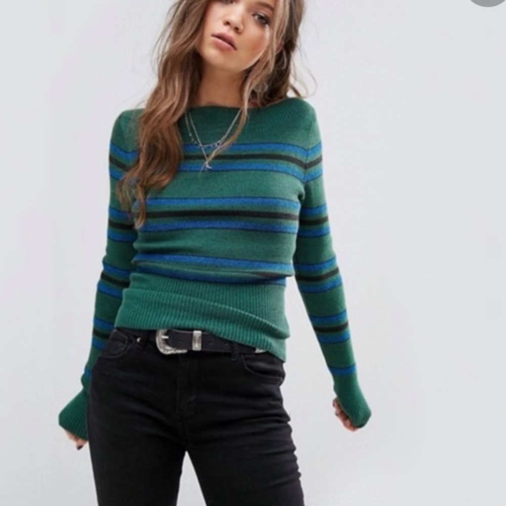 Free People Green Stripe Boat Neck Crop Sweater